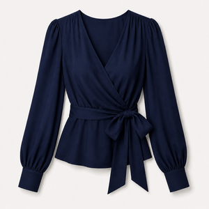 Chemisier élégant pour femme à nouer devant, manches longues, style portefeuille, décontracté, en mousseline douce, coupe ajustée et féminine - Product Image 5