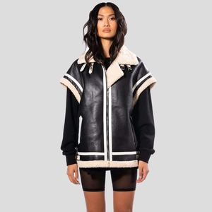 Women Black Oversized Shearling <b>Utility</b> <b>Vest</b> Genuine Leather Winter Waistcoat - Product Image 4
