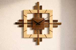 Handmade Artisan Crafted Solid Wood Wall <b>Clock</b> | Two-Tone Layered Walnut Timepiece | Wooden Sculpture | Square Sunburst Design - Product Image 4