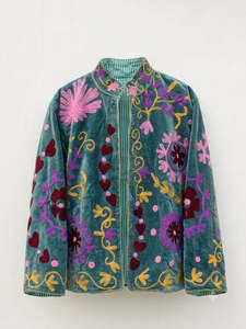 Women's Teal Blue Velvet Suzani Embroidered <b>Reversible</b> <b>Jacket</b> Full Sleeves Handmade Boho Ethnic Fashion Outerwear - Product Image 1