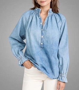 Blusa de Mezclilla Azul para Mujer, Manga Larga Abullonada, Cuello en V, Botones, Corte Holgado, Informal, Color Sólido, Detalle de Volantes, Manga Larga - Product Image 3