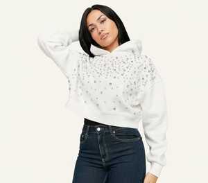 Sweat-shirt court en molleton premium pour femme, personnalisé, entièrement orné de pierres scintillantes, vente en gros - Product Image 1