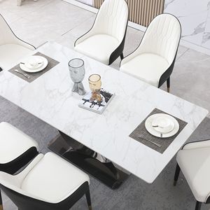 Set sala da pranzo da 71 pollici con Base a piedistallo tondo in acciaio al carbonio bianco Carrara 6 pz sedie con tavolo in pietra 6 pz - Product Image 5