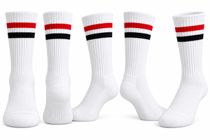 <b>White</b> Knitted High Crew <b>Socks</b> Striped Basketball <b>Sports</b> <b>Socks</b> with Red Black Bands Fully customize - Product Image 3
