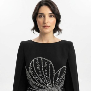 Black Beaded Abaya Dress <b>Cape</b> Sleeve Floor Length Formal Party Evening Dress for <b>Women</b> - Product Image 2