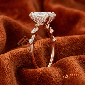 Rose Gold Radiant Cut Bubble Accent Solitaire – Unique <b>Pink</b> Gold Station Diamond Band - Product Image 2