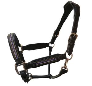 Harnais de cheval en cuir noir de qualité supérieure avec pierres en cristal bleu, collier rembourré, FAB International HL-101, confortable, durable, luxueux - Product Image 1