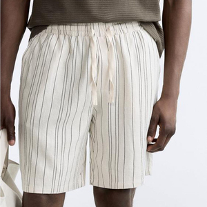 Men's Striped Cotton Shorts <b>Elastic</b> Waist Drawstring Casual Mid Length Breathable Woven Fabric - Product Image 2
