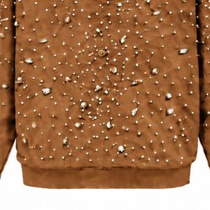 Sweat-shirt à capuche marron châtain perlé avec fermeture éclair intégrale, orné de cristaux, style streetwear tendance, à manches longues et fermeture avant - Product Image 6