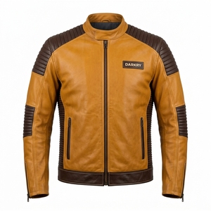 Blouson en cuir bicolore marron beige pour homme, personnalisé, vente en gros, OEM, ODM, avec panneaux côtelés, style motard, fournisseur direct d'usine - Product Image 1