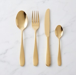 Ensemble de couverts élégants en or, 4 pièces, acier inoxydable poli miroir, couteau, fourchette, cuillère, style moderne - Product Image 1