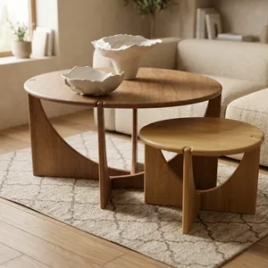 Modern Round Wood Coffee <b>Table</b> <b>Nesting</b> Minimalist Living Room Furniture - Product Image 5