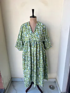Bohemian Floral Block Print Cotton Midi <b>Dress</b> Vintage Puff Sleeve <b>Loose</b> Fit Tie Neck Summer <b>Dress</b> For Women - Product Image 1