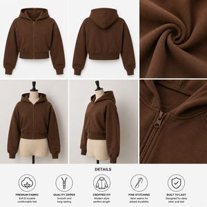 Sweat-shirt à capuche court pour femme, marron, manches longues, fermeture éclair, couleur unie, tricoté, 100% coton, style automne - Product Image 4