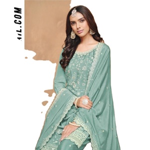 Traje Plazzo de Seda Chinon Ligero de Última Moda con Bordado de Lentejuelas, Vestido Sharara para Mujer, Estilo Indio Pakistaní, para Bodas - Product Image 1