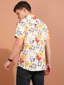 Chemise homme multicolore en coton slub à imprimé floral, coupe classique, avec col chemise et manches courtes, style décontracté mondial - Product Image 3