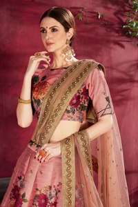 <b>Peach</b> Floral Print Silk Lehenga Choli Set Embroidered Bollywood Outfit With Dupatta Wedding Party Wear - Product Image 2