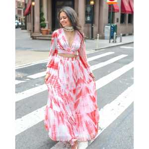 Top court et jupe Maya Bohème à col en V et manches longues en blanc et orange, taille XS, tissu en mousseline respirant, toutes saisons - Product Image 3