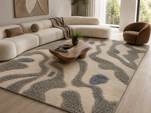 Alfombra DECORDEC Gris Marfil Abstracta de Diseño Asimétrico, 100% Lana de Nueva Zelanda, Antideslizante, Lavable, con Detalles Azules para un Estilo Moderno - Product Image 4