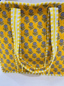 Silkgram Yellow Floral Quilted 100% Cotton Tote <b>Bag</b> with Zipper Closure <b>Large</b> Size Long Handle for <b>Beach</b> Shopping Made Rajasthan - Product Image 5