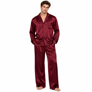 ชุดนอนผ้าไหมซาตินสำหรับผู้ชาย ทรงหลวม สวมใส่สบาย ชุดนอนขายส่ง เสื้อติดกระดุมและกางเกงขายาวทรงกว้าง - Product Image 2