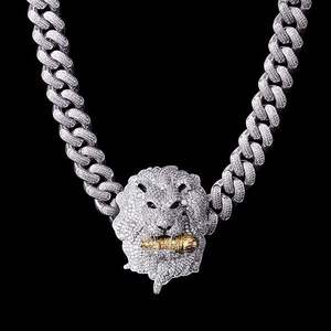 Collar de Cadena de Eslabones con Colgante de León Personalizado de Plata de Ley 925 de Lujo con Moissanita VVS, Reloj de Moissanita para Hombre al por Mayor - Product Image 1