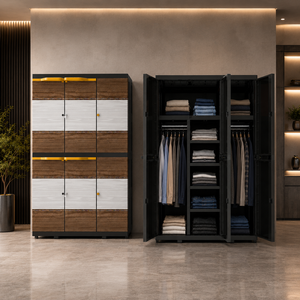 Naiba Mega <b>Portable</b> Plastic Cabinet/<b>Wardrobe</b> with Brown Gray Wood Style Hinged Doors & Hanger for Clothing & Bedroom Storage - Product Image 1