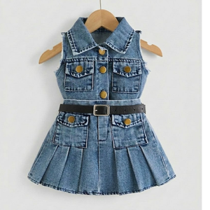 Vestido vaquero plisado con cinturón para niñas pequeñas - Product Image 1