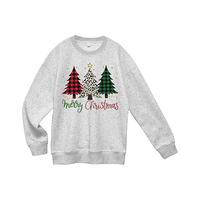 Sweat-shirt de Noël pour femme, col rond, imprimé arbre à carreaux, mélange de coton, manches longues, haut d'hiver