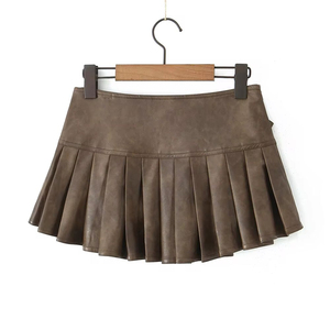 Jupe courte plissée en cuir PU marron pour femme, taille normale, couleur unie, à porter toute l'année - Product Image 4