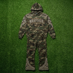 Mens <b>Camouflage</b> Hoodie Tracksuit <b>Cargo</b> <b>Pants</b> Rhinestone Leaf Embroidery Custom Streetwear Sportswear Matching Set - Product Image 4