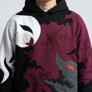 <b>Men</b>’s <b>Burgundy</b> Black Oversized Graphic <b>Hoodie</b> Applique Patchwork Bat Wing Print Heavyweight Streetwear Sweatshirt - Product Image 5