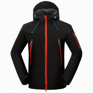 <b>Men's</b> Blue Hooded Fleece <b>Jacket</b> With Orange Zipper Windproof Sporty Winter Outerwear Regular Fit Polyester Shell - Product Image 2