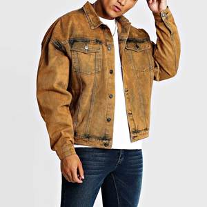 Wholesale Men's Vintage Jeans <b>Jacket</b> 100% Cotton 300gsm Distressed <b>Cropped</b> Hem Acid Wash Applique <b>Denim</b> <b>Jacket</b> - Product Image 1