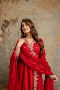 <b>Women</b> Traditional Red Cotton Embroidered Anarkali <b>Suit</b> Knee-Length Regular Fit Quick Dry All Seasons <b>Wedding</b> Wear India Pakistan - Product Image 2