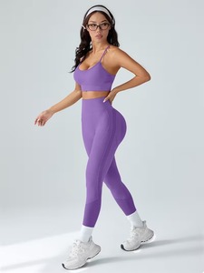 Conjunto Deportivo de 2 Piezas sin Costuras para Mujer, Sujetador Deportivo Cruzado y Leggings con Patrón de Rejilla, Ropa Deportiva para Yoga - Product Image 3