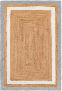 Alfombra Rectangular Hecha a Mano de Yute Natural con Borde Gris y Blanco, Ecológica, para Sala de Estar Estilo Rústico - Product Image 2