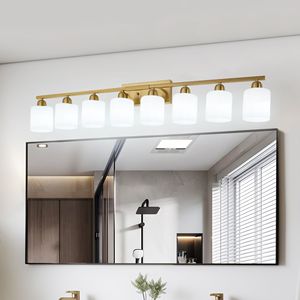 Lampada da Parete Moderna per Bagno da 52 Pollici, Applique Dorata con Paralume in Vetro Bianco Latte, Lussuosa Plafoniera a 2 Luci per Specchi da Bagno - Product Image 1