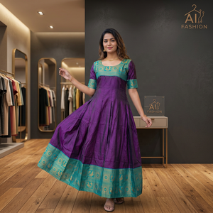 Robe Anarkali longue en soie violette avec bordure verte, tenue traditionnelle indienne pour femmes, coupe ample, toutes saisons - Product Image 5