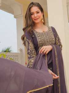 Eco-Friendly Heavy Style Suit Collection Roman Shimmer Silk <b>Sequined</b> Embroidery Sequence Work Top Palazzo Faux Georgette Dupatta - Product Image 2
