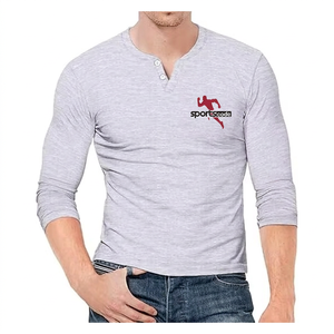Sportscode <b>Men's</b> Gray Short Sleeve <b>Henley</b> <b>T</b>-<b>Shirt</b> Regular Fit O-Neck Casual Top 100% Cotton 120g Solid Jersey - Product Image 1