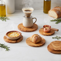 Ensemble de 6 dessous-de-verre en bois d'olivier faits à la main. Sous-verres ronds en bois rustiques de qualité supérieure pour tables basses et service de boissons