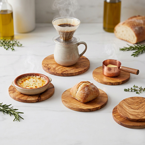 Handcrafted 6 Pieces Olive Wood Drink Coaster Set. Premium Rustic Round Shape Wooden <b>Cup</b> <b>Mats</b> For Coffee Tables & Serving Drinks - Product Image 6