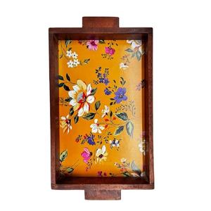 Plateau de service en bois fabriqué à la main en forme de rectangle à impression naturelle Plateau décoratif écologique et peint à la main - Product Image 1