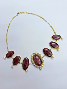 Classic Handmade Natural Gemstone Choker <b>Necklace</b> Earring Set with Pearls 18K Gold Plated <b>Ruby</b> Zoisite <b>Necklace</b> and Stud Earring - Product Image 3