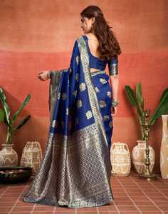 Sari en soie bleue avec broderie florale dorée, tenue traditionnelle indienne pour mariage et fête, longueur au sol, tenue ethnique pour femme - Product Image 4