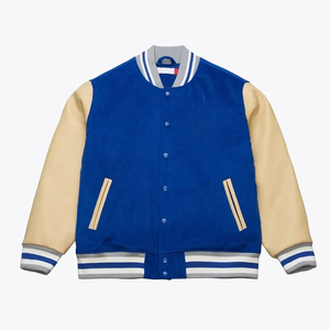 Chaqueta Varsity Azul y Beige para Hombre con Puños y Dobladillo a Rayas, Estilo Preppy, Corte Regular, Exterior de Poliéster y Algodón, Cierre de Cremallera - Product Image 4