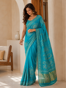 Sari en soie Moonga Bandhani Teal avec bordure brodée miroir, style vintage, longueur ras du sol, infroissable, élégant, pour mariage indien et fêtes, pour femme - Product Image 3