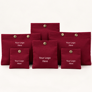 Custom Burgundy Cotton Pouches With Button Closure Screen Printed Logo Jewelry <b>Watch</b> Eyewear Storage Bags For Travel Shopping - Product Image 1