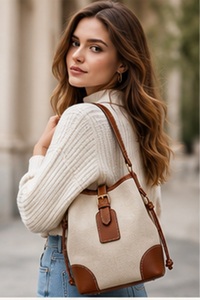 Premium Beige Genuine Leather Vintage Bucket Tote Bag Women Stylish Drawstring Shoulder Purse Elegant Fashion <b>Handbag</b> OEM ODM - Product Image 3